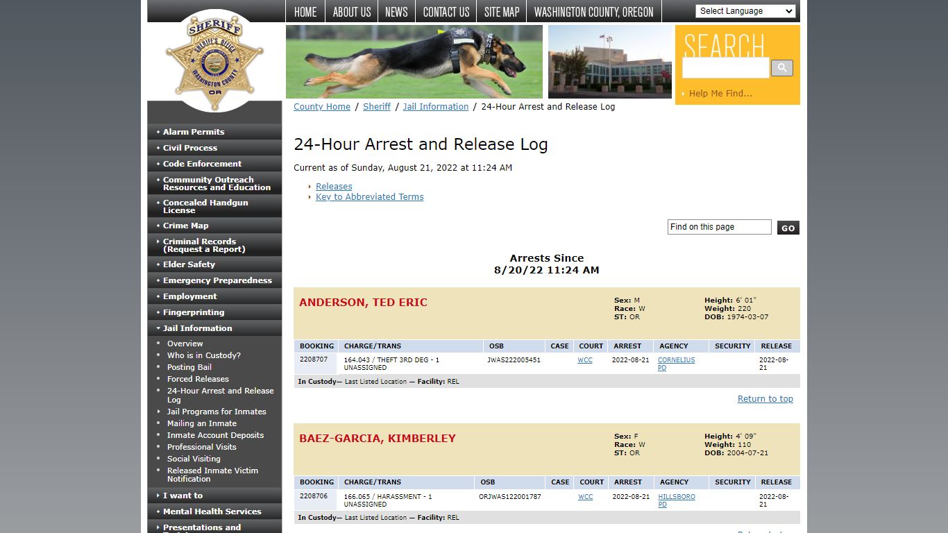 24-Hour Arrest and Release Log - Washington County, Oregon